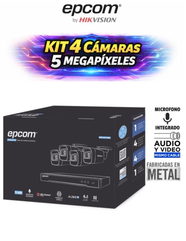 KIT 4 CAMARAS EPCOM BY HIKVISION 5 MEGAPIXELES (METALICAS)