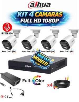 KIT 4 CAMARAS DAHUA 1080P FULL HD CON MICROFONO Y FULL COLOR (POLICARBONATO)